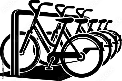 A modern vector silhouette illustration of a bicycle parking rack filled with multiple bikes, designed for urban mobility and outdoor use