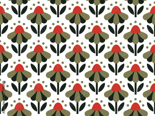 Seamless floral pattern with stylized red green flowers. Flat geometric style. Suitable for textiles, wrapping paper, wallpapers, stationery and surface design