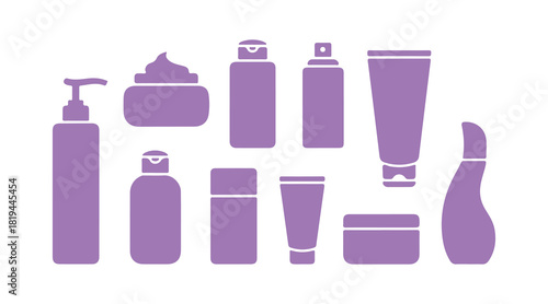 A collection of icons representing beauty, cosmetics, and care. Includes a bottle, jar, shower gel, face cream, body lotion, spray, ointment, and paste.