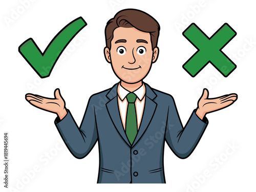 Man holds a check mark and a cross mark with open palms.