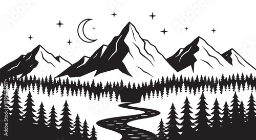 Black and white illustration of mountains forest moon and stars scenery