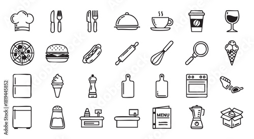 Black and white kitchen and food icon set illustration vector isolated