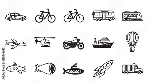 Black and white line art transport vehicle icons seamless pattern