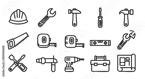 Black and white outline illustration of various construction tools set isolated