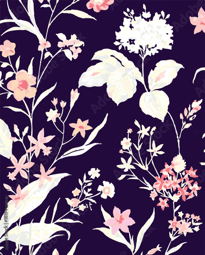 Romantic floral print with wildflowers sketch. Seamless pattern, gentle botanical background with various small flowers. Vector illustration.