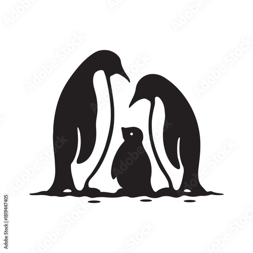 Penguin Family Standing on Icy Ground Silhouette Vector Icon on White Background