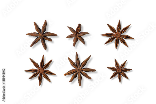 Fototapeta Naklejka Na Ścianę i Meble -  Collection of star anise spice isolated on a transparent background, PNG. High Resolution. Natural Aromatic Spice for Cooking and Baking, elements for Christmas and winter decoration design.