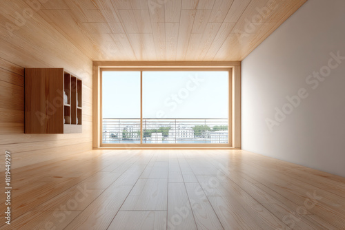Wallpaper Mural Solid wooden room with large window, natural light, modern minimalist style, empty space, peaceful atmosphere, city view Torontodigital.ca