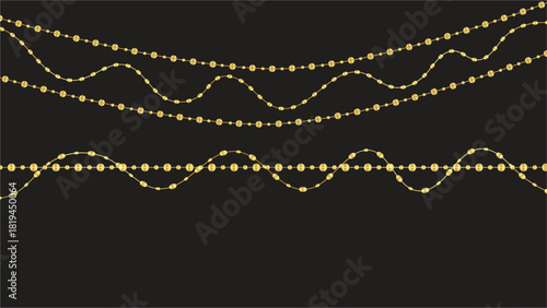 Set of four wavy golden bead garlands or string lights border on black background
