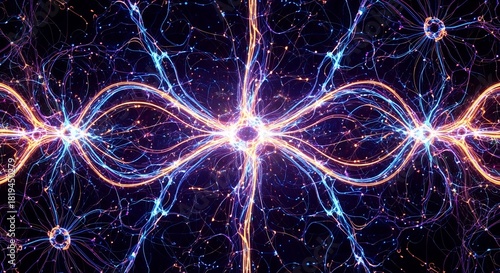 Abstract depiction of neural network connections with glowing nodes and pathways. Concept for neuroscience research, artificial intelligence systems and brain simulations