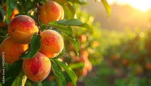 Fototapeta Naklejka Na Ścianę i Meble -  Ripe, juicy stone fruits hang from branches, bathed in golden sunlight