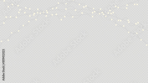 String of glowing white fairy lights hanging across the top border on transparent background