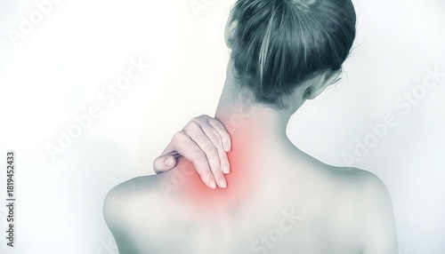 Woman experiencing neck pain and discomfort highlighted in red on white background