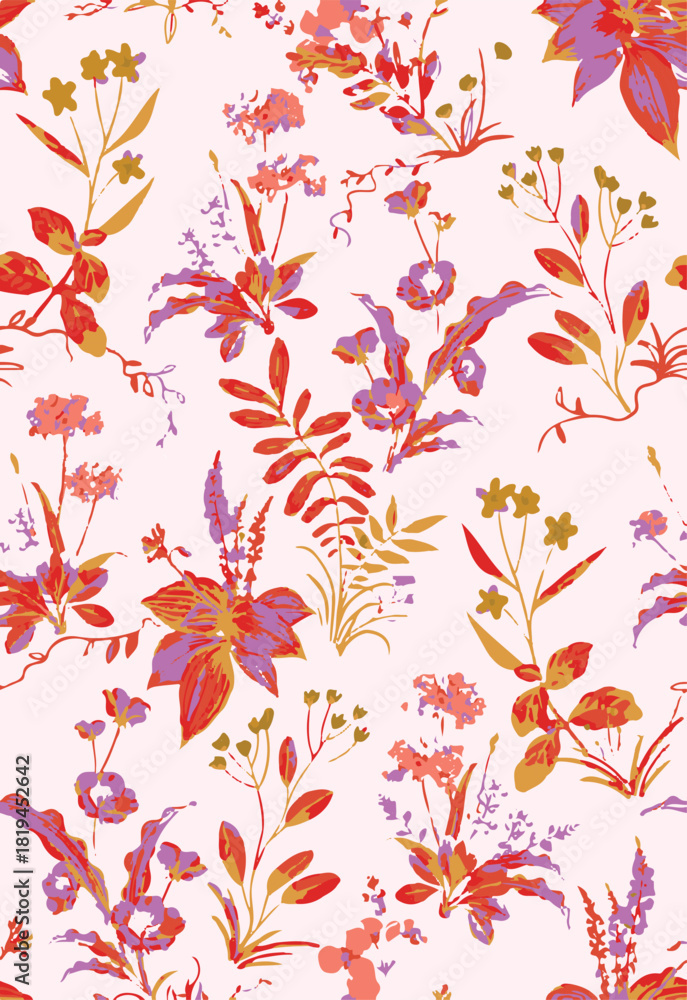 Obraz premium Romantic floral print with wildflowers sketch. Seamless pattern, gentle botanical background with various small flowers. Vector illustration.