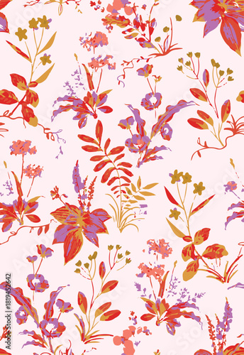 Romantic floral print with wildflowers sketch. Seamless pattern, gentle botanical background with various small flowers. Vector illustration.