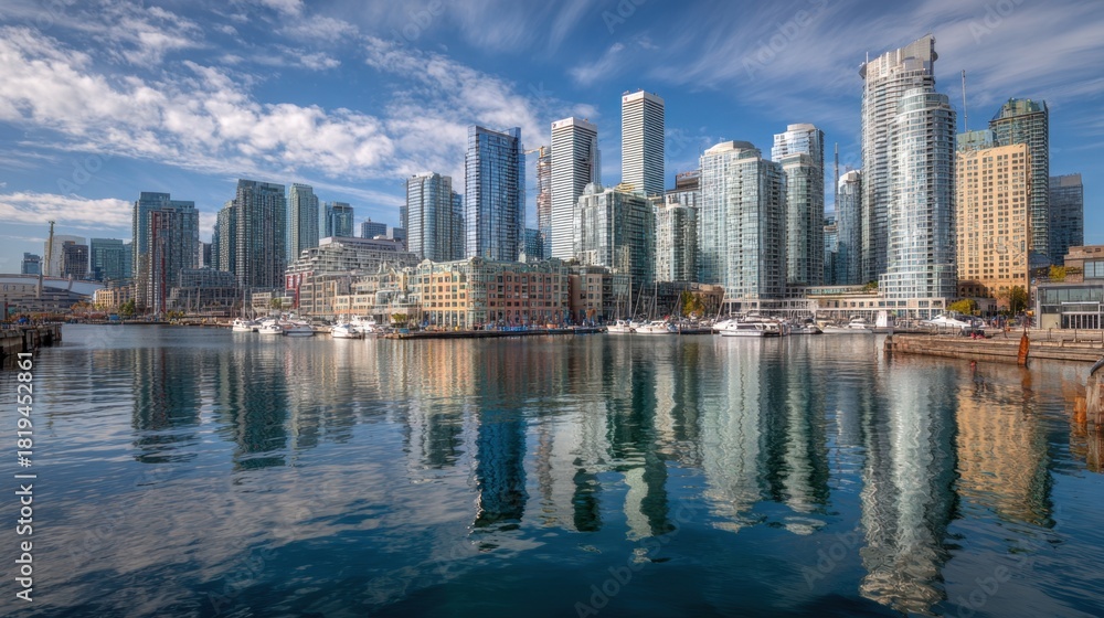 Fototapeta premium City skyline reflects beautifully in calm water capturing the essence of a vibrant urban landscape.