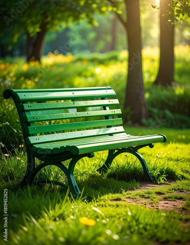 Serene green park bench bathed in golden sunlight, lush greenery