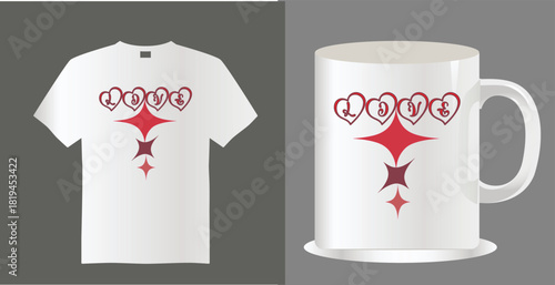 White t shirt and mug featuring a red and black geometric design