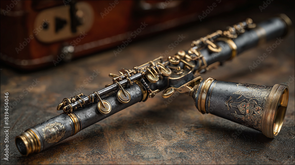 Naklejka premium An antique clarinet on a wooden surface with a case in the background. The instrument is elaborately decorated