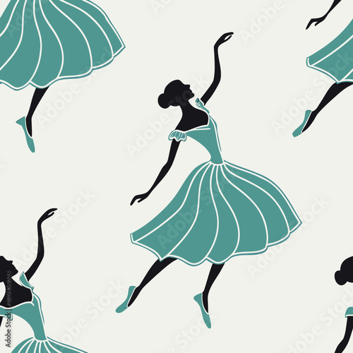 Elegant ballet dancers in teal and black silhouette pattern