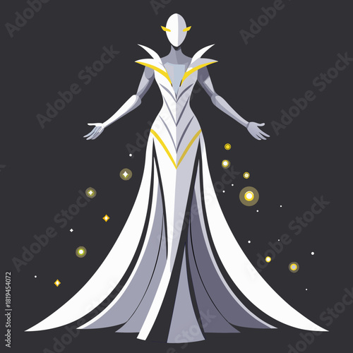 Elegant futuristic woman in white gown with golden accents and stars