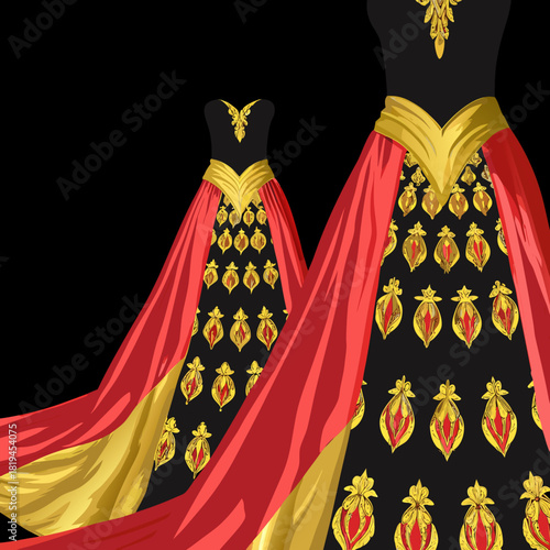 Elegant black gowns with red and gold embellishments and capes