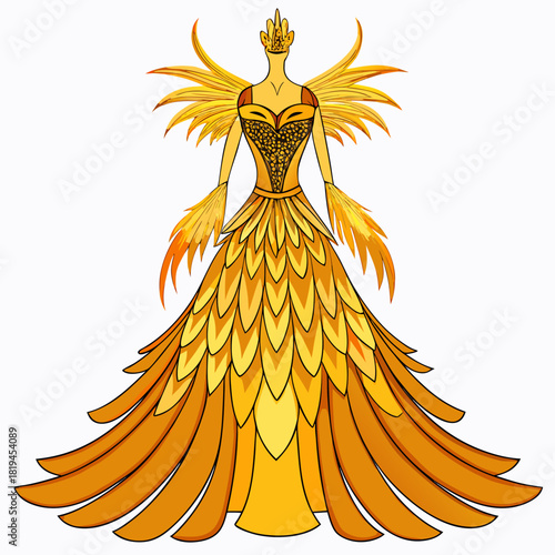 Elegant golden phoenix inspired gown with crown and wings
