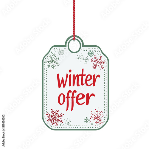 Christmas/winter themed price tag with "winter offer" text, snowflakes, and green border hanging on red string. Use for retail, holiday sales, and seasonal marketing blogs