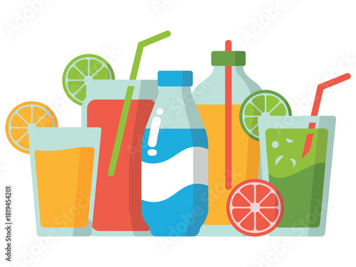 Assortment of colorful drinks and fruit slices on a white background.