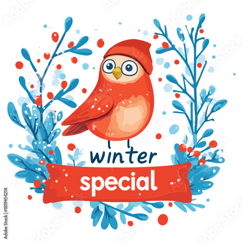 Cute cartoon bird wearing a hat, standing over a "winter special" banner, surrounded by blue branches and red berries. Ideal for holiday marketing, children's products, or seasonal blogs