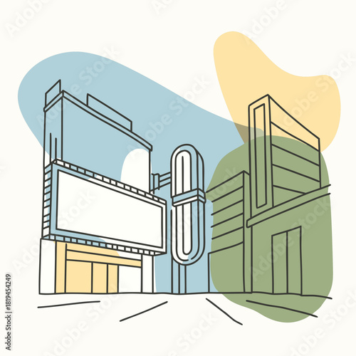 Minimalist illustration of a city street with buildings and billboards