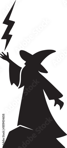 Black silhouette of a wizard casting a lightning bolt spell magic