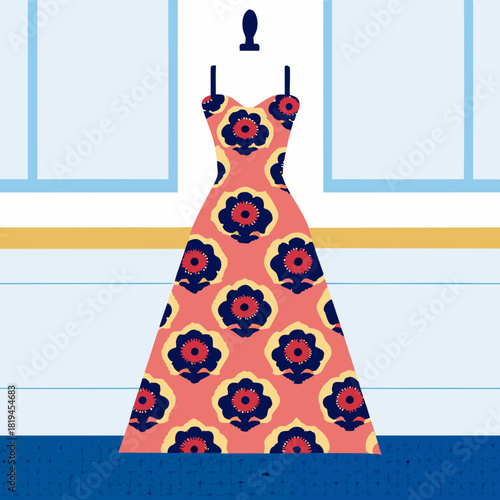 Vibrant floral pattern dress on mannequin in a stylized setting