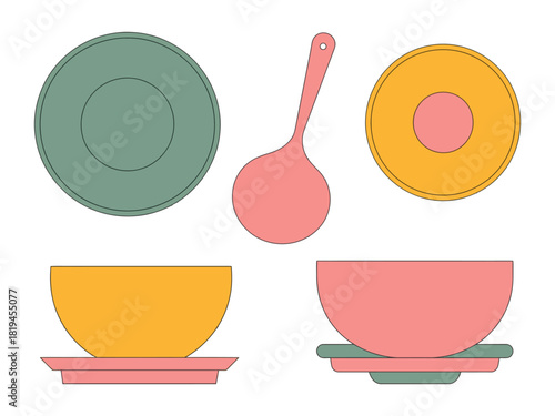 A collection of colorful kitchen utensils and bowls are displayed.