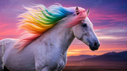 Wallpaper Mural White horse with vibrant rainbow mane running at colorful sunset
 Torontodigital.ca