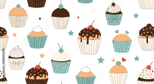 Sweet and charming seamless pattern of assorted delicious cupcakes with frosting and sprinkles for bakery-themed designs.
