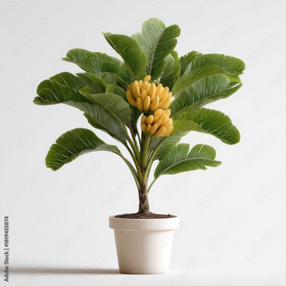 Naklejka premium Banana plant tree with lush green leaves and ripe yellow fruit in white pot, indoor tropical houseplant decor