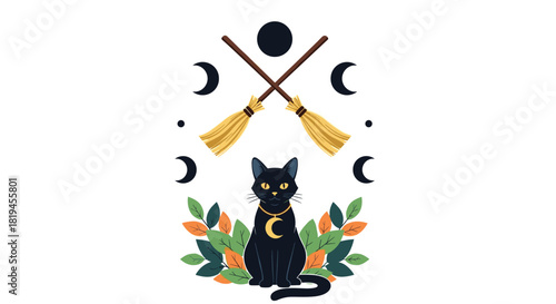 Mystical and magical illustration of a black cat with crossed witch brooms and celestial moon phases for Halloween.