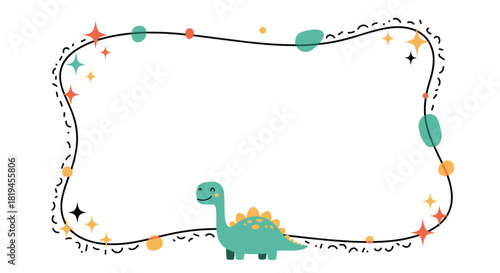 Playful and cute children's frame with a happy green dinosaur and decorative stars perfect for kids' party invitations.