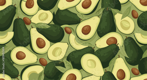 Trendy and seamless pattern of ripe avocados in whole and half cuts creating a fresh and healthy food background.
