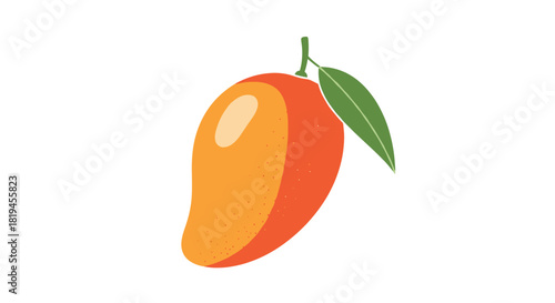 Simple and stylized illustration of a single ripe and juicy mango fruit with a green leaf on a white background.