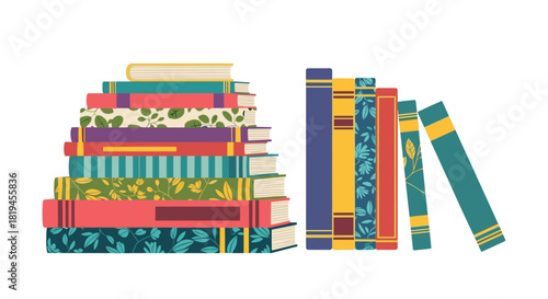 Colorful illustration of stacked and standing books with decorative covers representing education and love of reading.