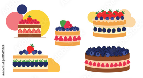 Delicious set of various berry cakes and cake slices decorated with fresh strawberries blueberries and raspberries.