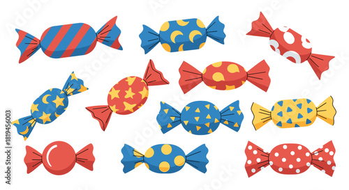 Colorful collection of various wrapped candies in bright wrappers with patterns like stripes dots stars and moons.