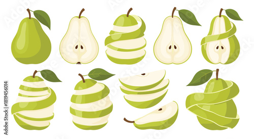 Large set of green pear illustrations including whole fruit halves slices and pears with the peel spiraling off.