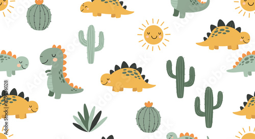 Cute and playful seamless pattern for children featuring friendly dinosaurs cacti and a smiling sun on a white background.