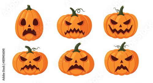 Set of six jack-o'-lanterns with various spooky and angry carved faces perfect for Halloween decoration designs.
