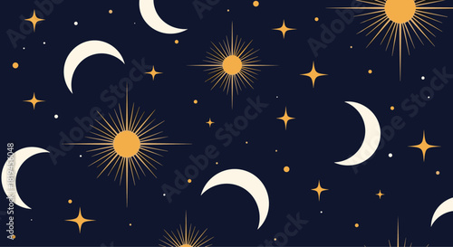 Mystical seamless celestial pattern with golden suns crescent moons and sparkling stars on a dark navy blue background.