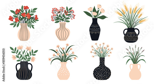 Charming collection of eight different flower and plant bouquets arranged in stylish and modern decorative vases.