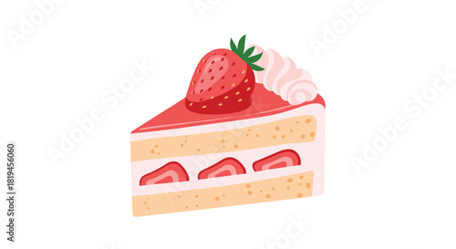 Delicious-looking slice of strawberry shortcake with layers of sponge cake cream and fresh strawberries on top.